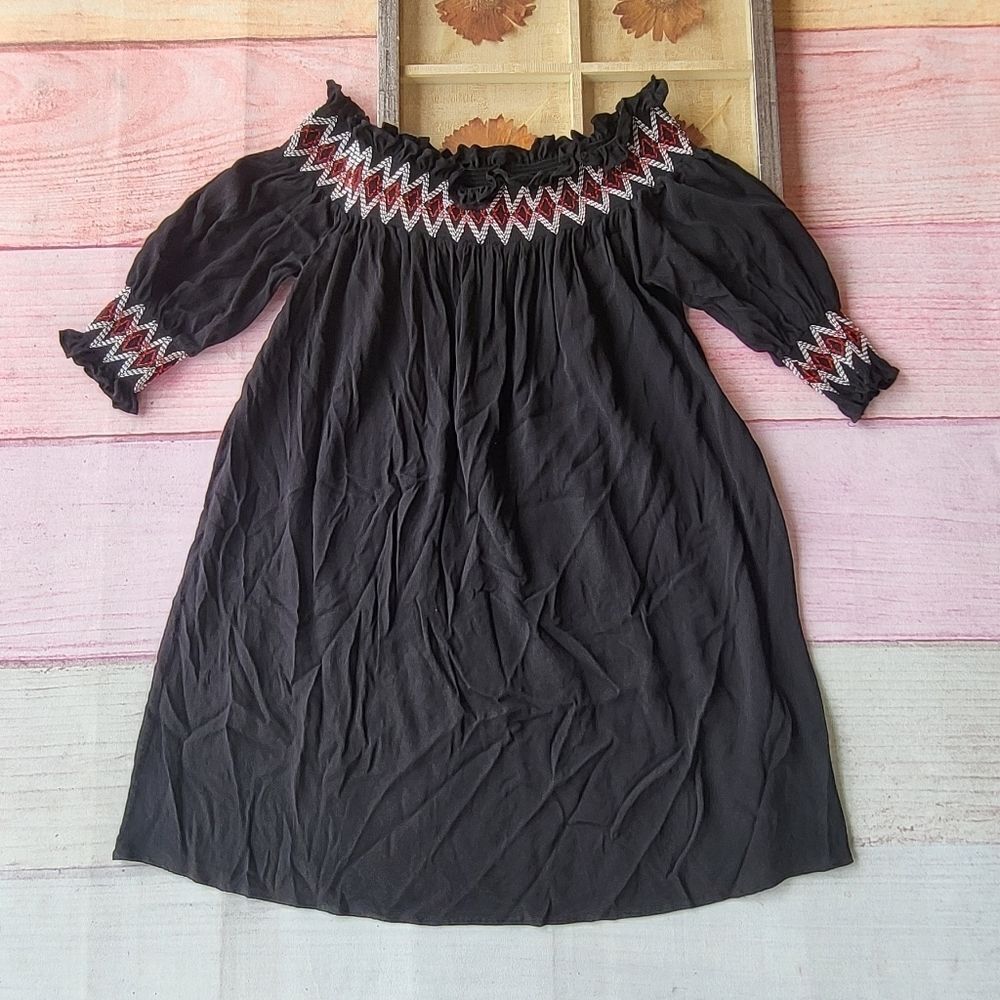 Maje Black Embroidered‎ Trim Short Sleeve Off-the-Shoulder Shift Dress Size M